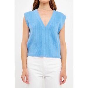 English Factory Womens Blue V-Neck Ribbed Knit Sweater Vest Size L